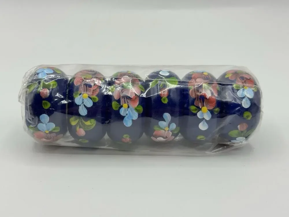 Set of 6 Vintage Hand Painted Blue Floral Wood Napkin Rings Cottagecore NEW